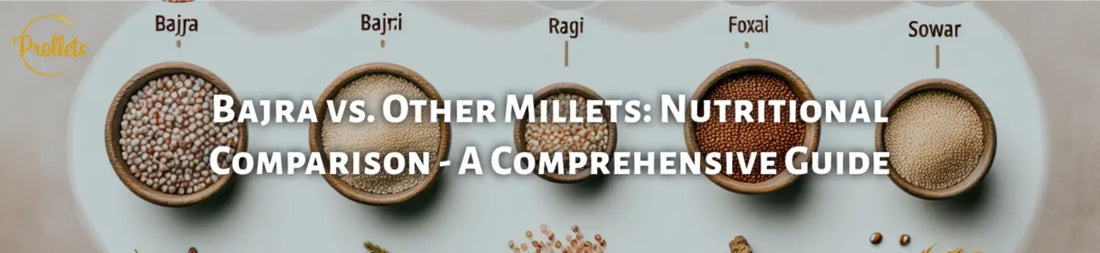 A clean, well-lit comparison layout of four types of millets: Bajra (pearl millet), Ragi (finger millet), Foxtail millet, and Jowar (sorghum), each displayed in small labeled wooden bowls.